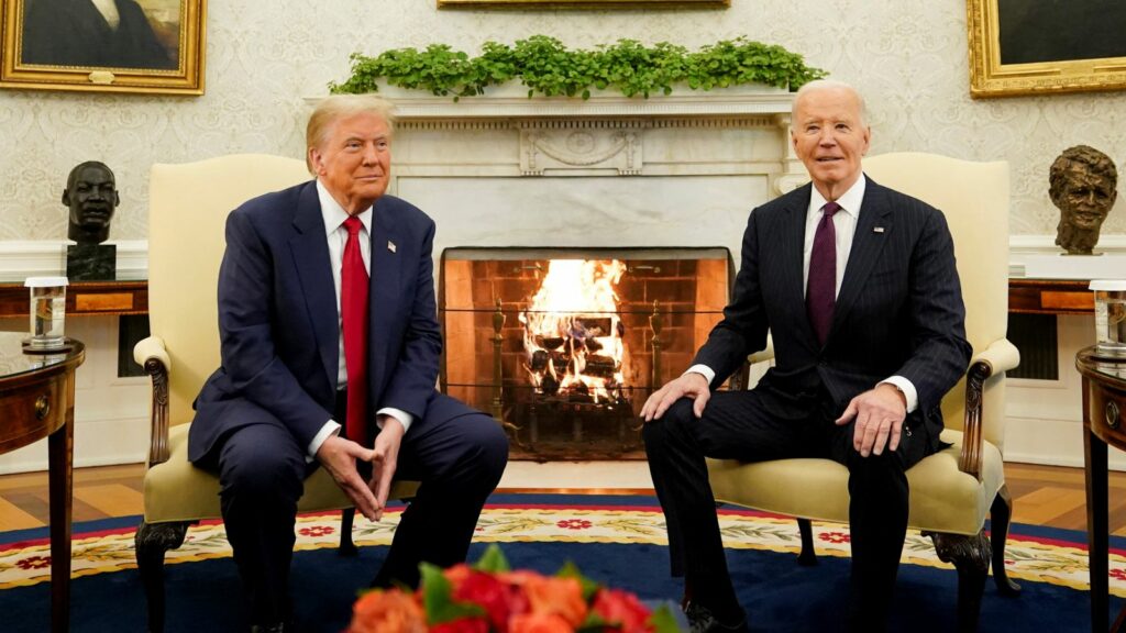 U.S. President Joe Biden meets with President-elect Donald Trump in the Oval Office at the White House in Washington, U.S., November 13, 2024. REUTERS/Kevin Lamarque