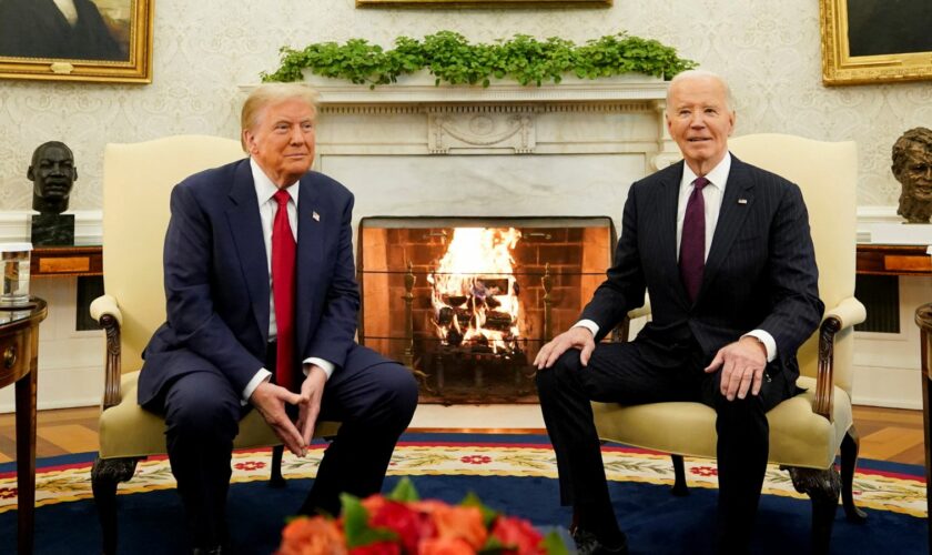 U.S. President Joe Biden meets with President-elect Donald Trump in the Oval Office at the White House in Washington, U.S., November 13, 2024. REUTERS/Kevin Lamarque