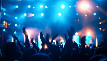 Party people enjoy concert at festival. Crowd at concert. Summer music festival