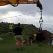 Firefighters need crane to rescue stricken cow - after the bungling bovine survives falling 100ft off a CLIFF