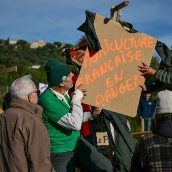 Des agriculteurs placent une réplique de potence avec un message indiquant en français « L'agriculture française en danger » alors qu'ils bloquent une route lors d'une manifestation nationale contre l'accord UE-Mercosur au Cannet-des-Maures, dans le sud de la France, le 18 novembre 2024.