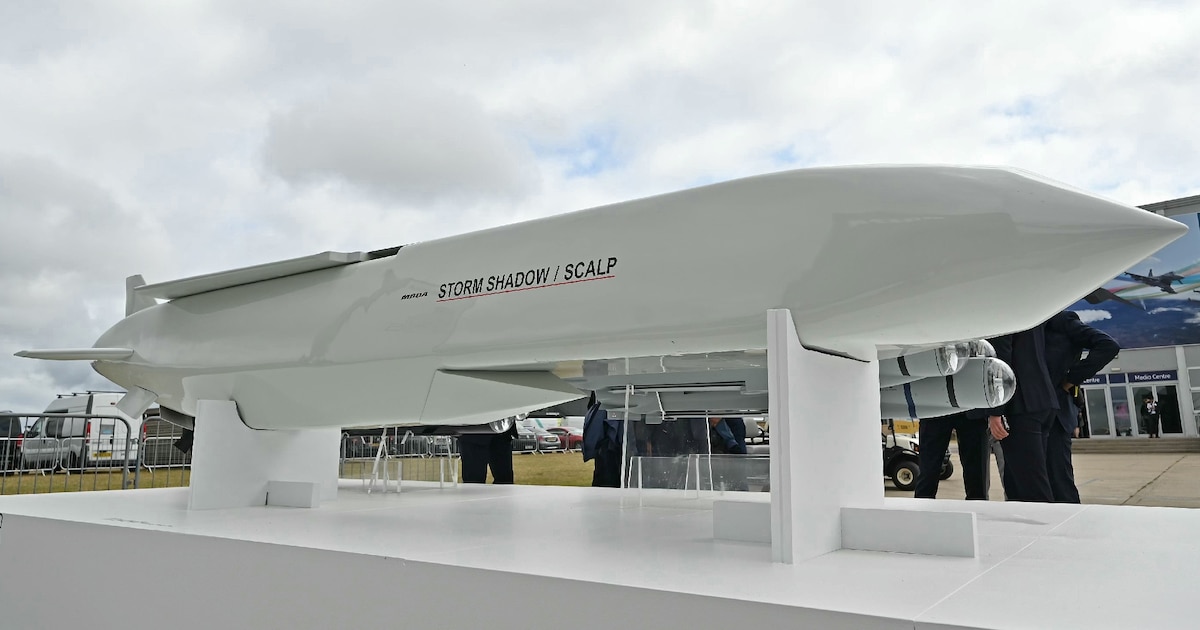 Un missile de croisière franco-britannique Storm Shadow / Scalp au salon de Farnborough près de Londres le 22 juillet 2024