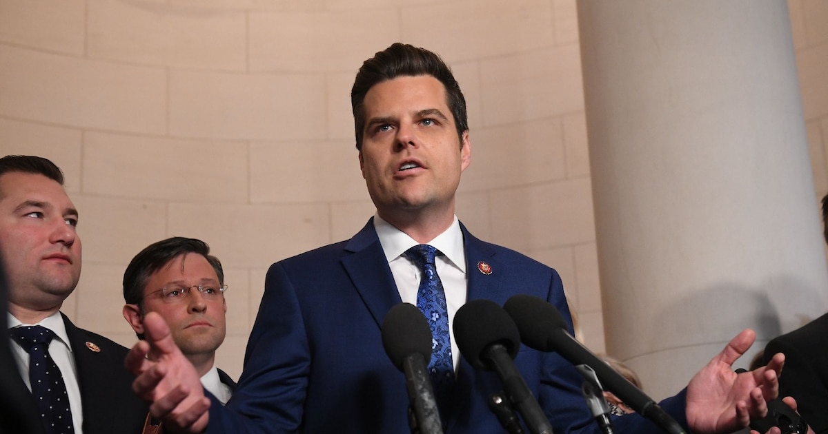 L'élu républicain Matt Gaetz s'exprimant devant la presse le 13 décembre 2019 à Washington