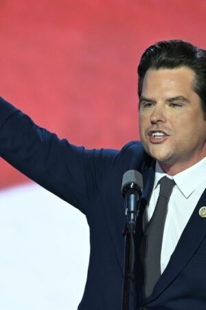 L'élu républicain à la Chambre des représentants américaine Matt Gaetz s'exprime à la convention de son parti à Milwaukee, aux Etats-Unis, le 17 juillet 2024