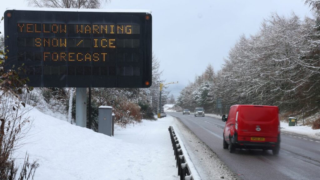 A sign displays a warning at the side of the A9 near Aviemore, Scotland, Britain November 21, 2024 REUTERS/Russell Cheyne