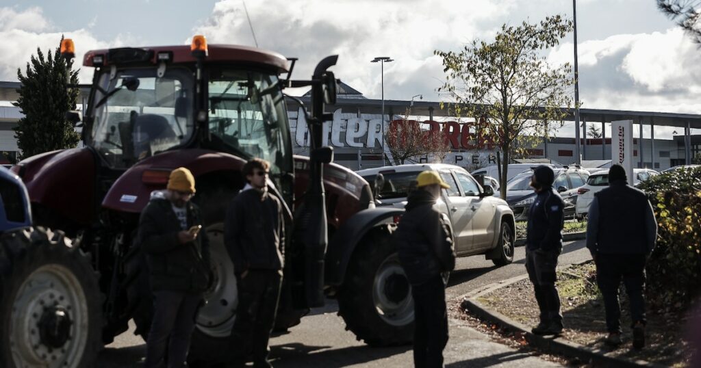 Des agriculteurs de la Coordination rurale manifestent à Agen en face d'un supermarché à Agen, le 22 novembre 2024