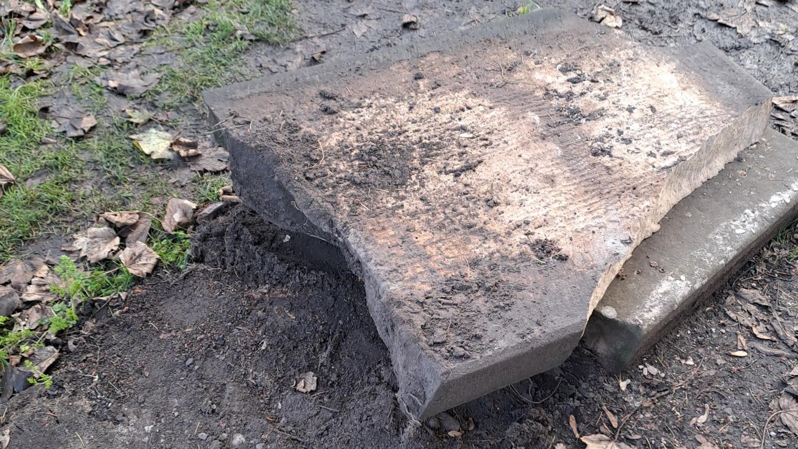 The vandalised prop gravestone. Pic: PA