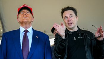 Elon Musk speaks with U.S. President-elect Donald Trump as they watch the launch of the sixth test flight of the SpaceX Starship rocket in Brownsville, Texas, U.S., November 19, 2024. Brandon Bell/Pool via REUTERS