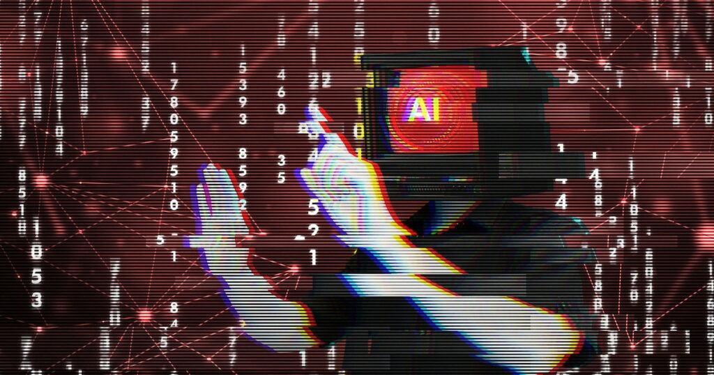 Glitching corrupted AI system hacked on red matrix background. Person with screen head symbolizing artificial intelligence rebel against human