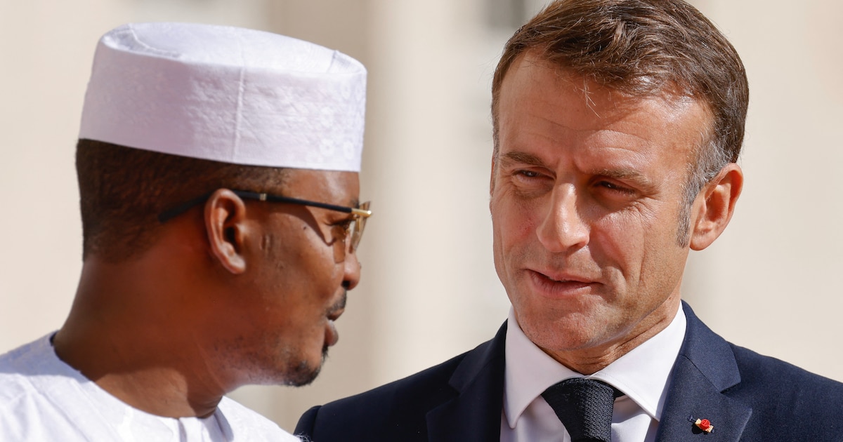 France's President Emmanuel Macron (R) greets Chad's President Mahamat Idriss Deby as he arrives to attend the 19th Summit of the Francophonie at the "Cite internationale de la langue francaise" in the castle of Villers-Cotterets, north-eastern France, on October 4, 2024. French President Emmanuel Macron hosts dozens of leaders of French-speaking countries for a summit he hopes will help boost French influence in a world beset by crises, in particular Africa. The leaders will gather from Ocotber 4 to 5 for the "Francophonie" summit, the first time the event has been held in France for 33 years. (Photo by Ludovic MARIN / AFP)