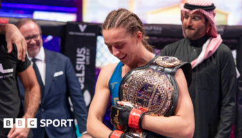 Dakota Ditcheva celebrates winning the PFL flyweight world title