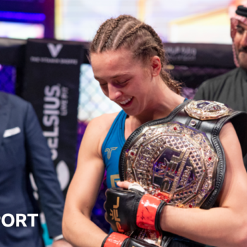 Dakota Ditcheva celebrates winning the PFL flyweight world title