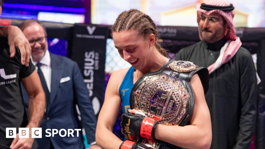 Dakota Ditcheva celebrates winning the PFL flyweight world title