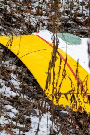 Auf einem Trümmerteil des abgestürzten Flugzeugs sind die DHL-Farben zu sehen. Foto: Mindaugas Kulbis/AP