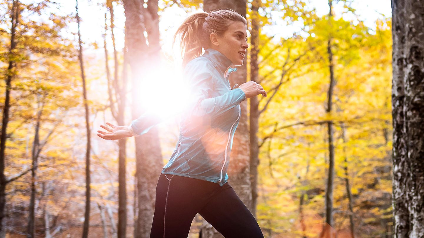 Jogging-Outfit im Herbst: Junge Frau joggt durch herbstlichen Wald