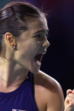 Great Britain's Emma Raducanu celebrates winning a point during her Billie Jean King Cup match against Germany's Jule Niemeier