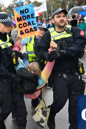 Rising Tide protesters arrested in Canberra for blocking road to Parliament House