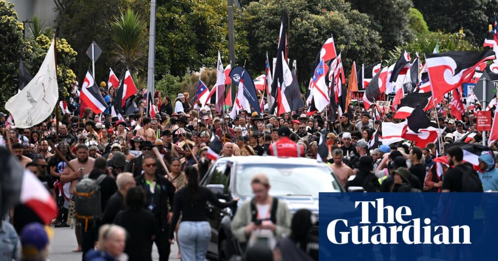 Tens of thousands march on NZ parliament in protest against bill to reinterpret founding treaty with Māori