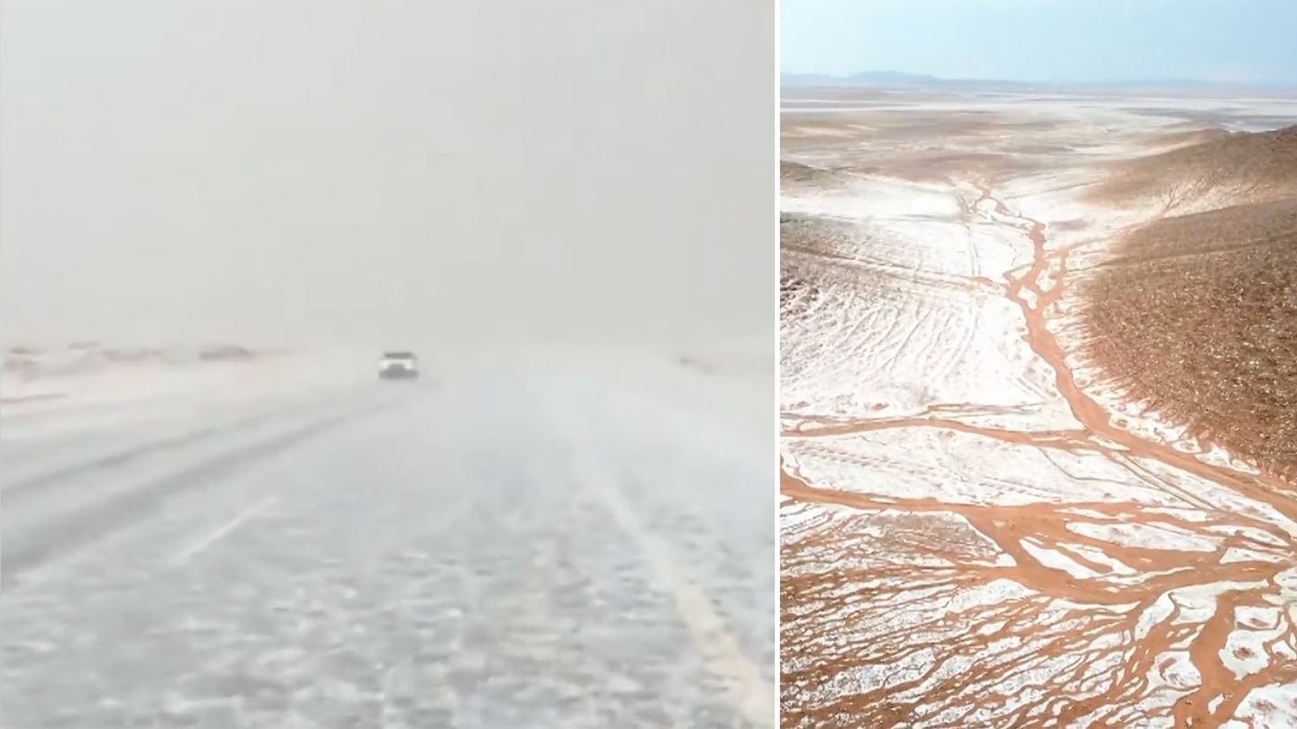 Weiß bedeckte Kamele: Saudi Arabien: In dieser Wüstenregion fällt das erste Mal Schnee