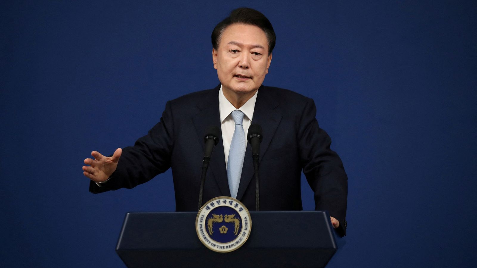 FILE PHOTO: South Korean President Yoon Suk Yeol delivers a speech during his briefing on state affairs at a press conference at the presidential office in Seoul, South Korea, August 29, 2024. Chung Sung-Jun/Pool via REUTERS/File Photo