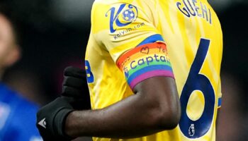 Crystal Palace's Marc Guehi wearing the Rainbow Laces captain's armband. Pic: PA