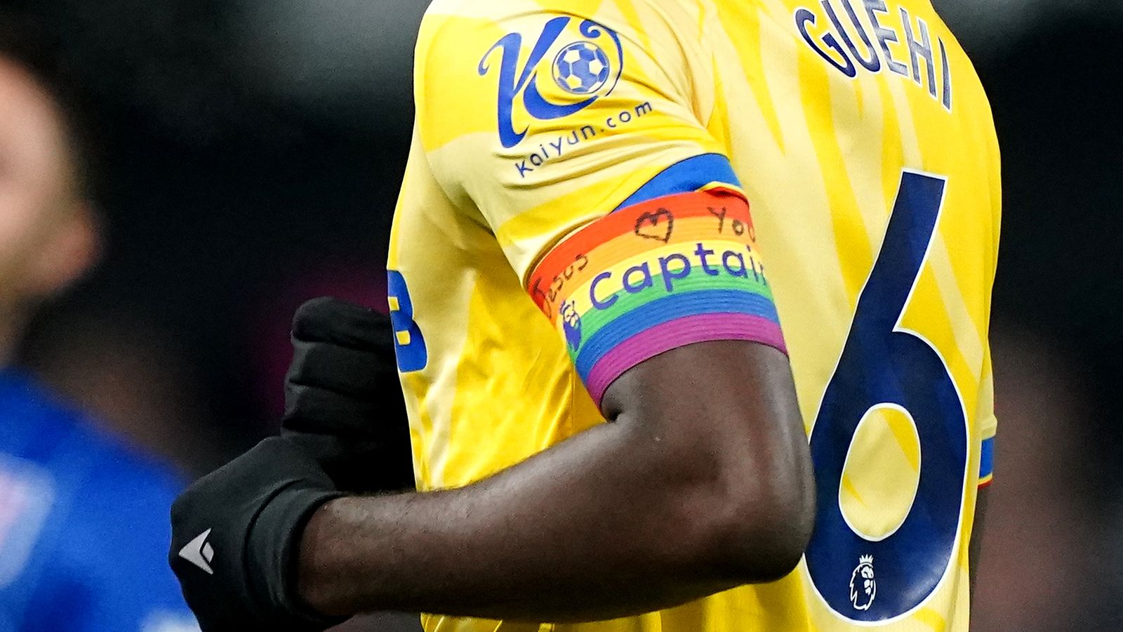 Crystal Palace's Marc Guehi wearing the Rainbow Laces captain's armband. Pic: PA