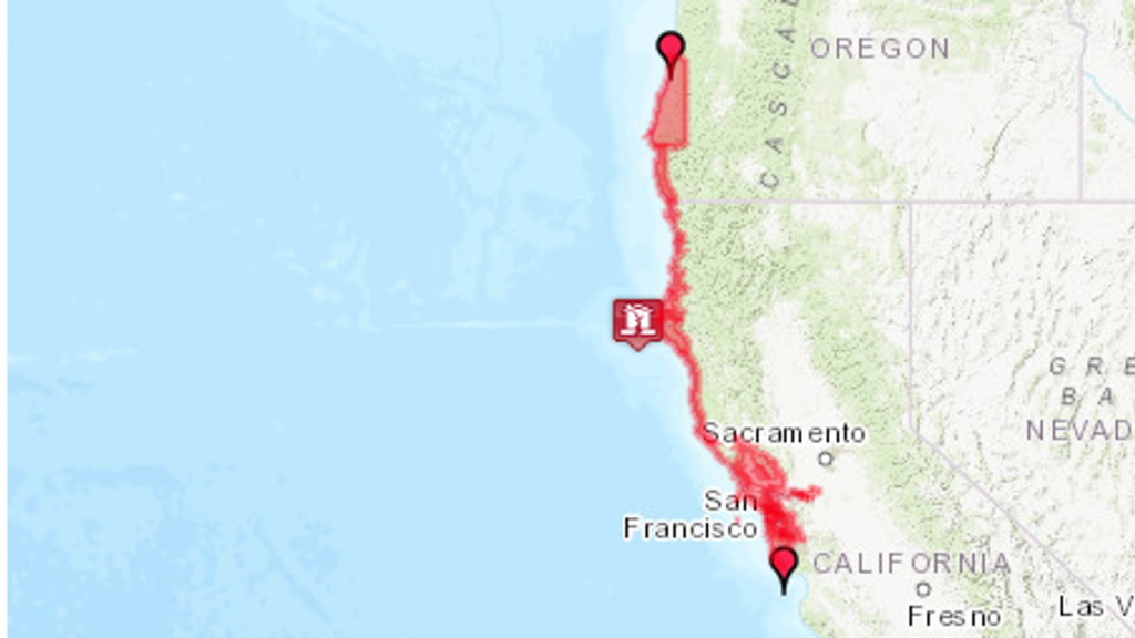 The tsunami warning is for the area highlighted in red. Pic: NWS Tsunami Alerts