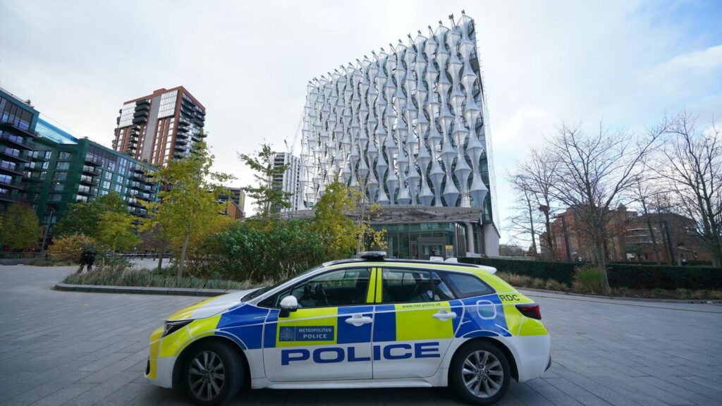 Police outside the US Embassy in Nine Elms, London, where Metropolitan Police officers have carried out a "controlled explosion" outside after reports of a suspicious package. Picture date: Friday November 22, 2024.