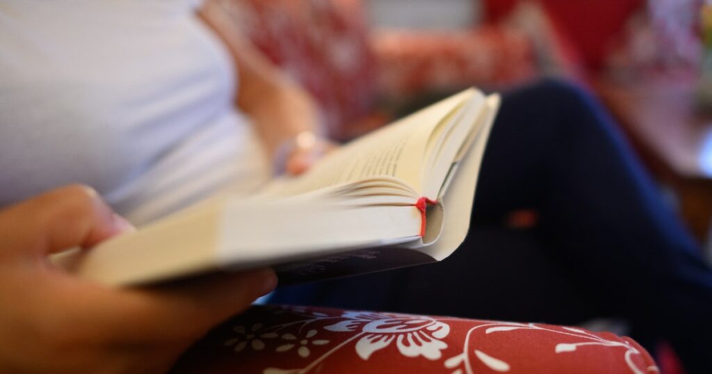 PRODUCTION - 18 April 2023, Saxony, Dresden: ILLUSTRATION - A woman sits on the sofa and holds a book in her hands. (posed scene) Photo: Robert Michael/dpa (Photo by ROBERT MICHAEL / DPA / dpa Picture-Alliance via AFP)