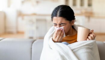 Cold And Flu Symptoms . Sick young indian woman covered in blanket blowing her running nose in a tissue while sitting on couch in living room, ill lady drinking hot tea, feeling unwell at home