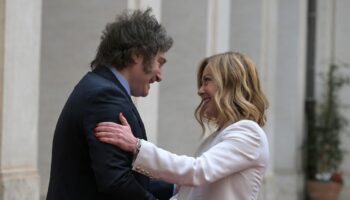 La Première ministre italienne Giorgia Meloni et le président argentin Javier Milei au palais Chigi, le 12 février 2024 à Rome