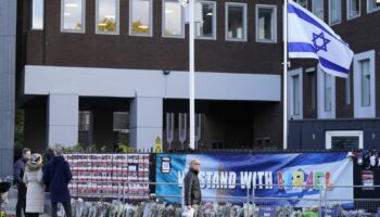 Israel's embassy in Dublin, pictured on 7 November 2023 with floral tributes following the Hamas attack a month prior. Pic: PA