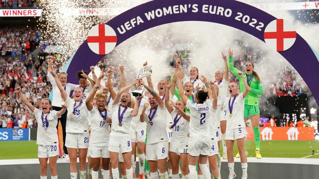 File photo dated 31-07-2022 of England's Leah Williamson and Millie Bright lifting the trophy as England celebrate winning the UEFA Women's Euro 2022 final at Wembley Stadium, London. Issue date: Thursday April 27, 2023.