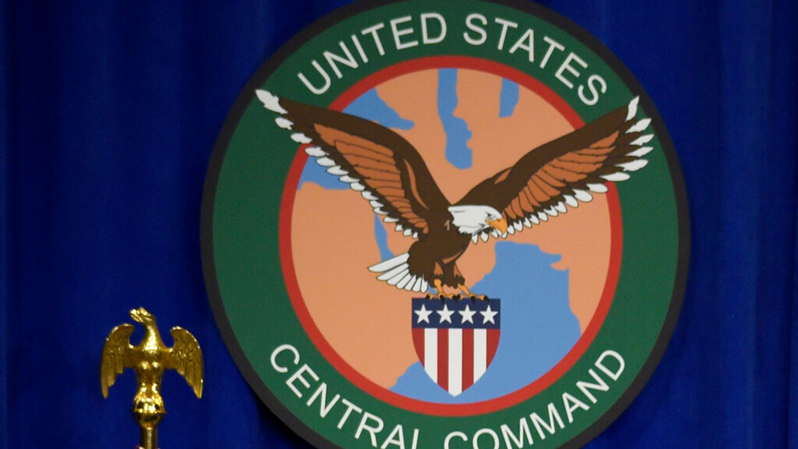 The seal for the U.S. Central Command is displayed on Feb. 6, 2017, at MacDill Air Force Base in Tampa, Fla. U.S. special operations forces conducted a raid in northeast Syria overnight. Pic: AP Photo/Susan Walsh, File