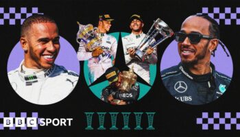 Graphic image showing Lewis Hamilton during his first season with Mercedes on the left and a picture from 2024 on the right in which he is wearing sunglasses. In between are three images of Hamilton holding trophies for race wins with underneath a graphic of six drivers' championship trophies to signify the world titles he has won with Mercedes