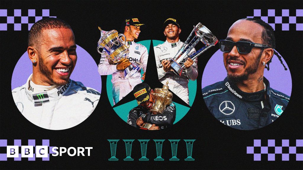 Graphic image showing Lewis Hamilton during his first season with Mercedes on the left and a picture from 2024 on the right in which he is wearing sunglasses. In between are three images of Hamilton holding trophies for race wins with underneath a graphic of six drivers' championship trophies to signify the world titles he has won with Mercedes