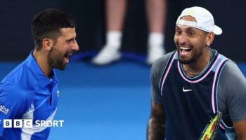 Novak Djokovic and Nick Kyrgios laugh during their Brisbane International doubles match