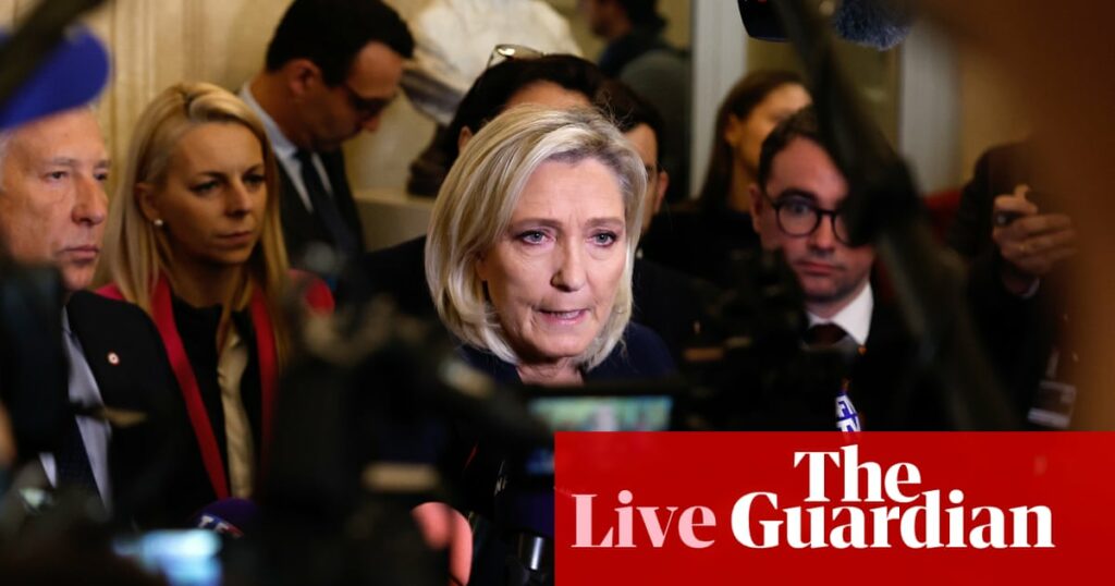 Le Pen claims no-confidence motion only way to protect French public from ‘dangerous’ budget – live