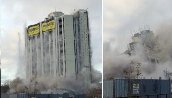 Moment UK tower block collapses in puff of smoke in 'overwhelming' explosive demolition