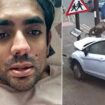 Shocking moment man jumps to avoid impact as Ford Fiesta careers onto pavement