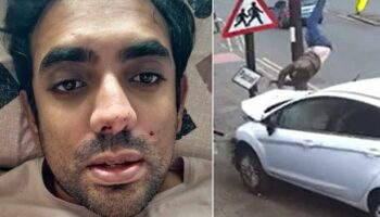 Shocking moment man jumps to avoid impact as Ford Fiesta careers onto pavement