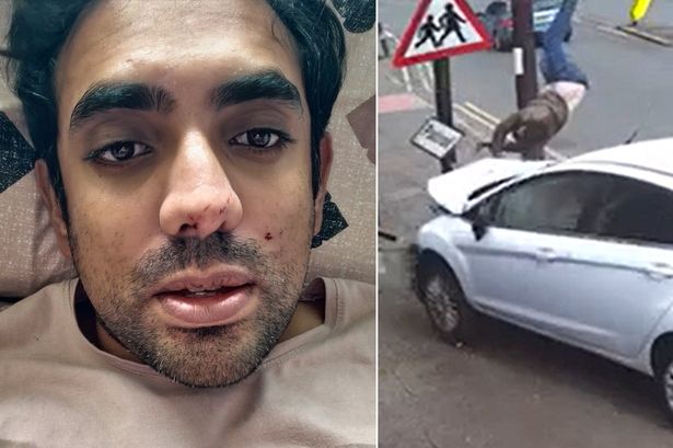 Shocking moment man jumps to avoid impact as Ford Fiesta careers onto pavement