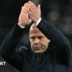 Liverpool Head Coach Arne Slot acknowledges the fans at the end of the emphatic victory at Spurs