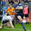 Will Muir skips over a tackle to score a try for Bath