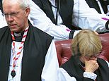 Turning the other cheek: Bishop of London can't look as Archbishop of Canterbury Justin Welby cracks gags in his final House of Lords speech after resigning over child abuse scandal