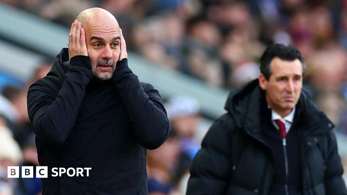 Pep Guardiola holds his hands to his head in despair he as watches his Manchester City side lose at Aston Villa