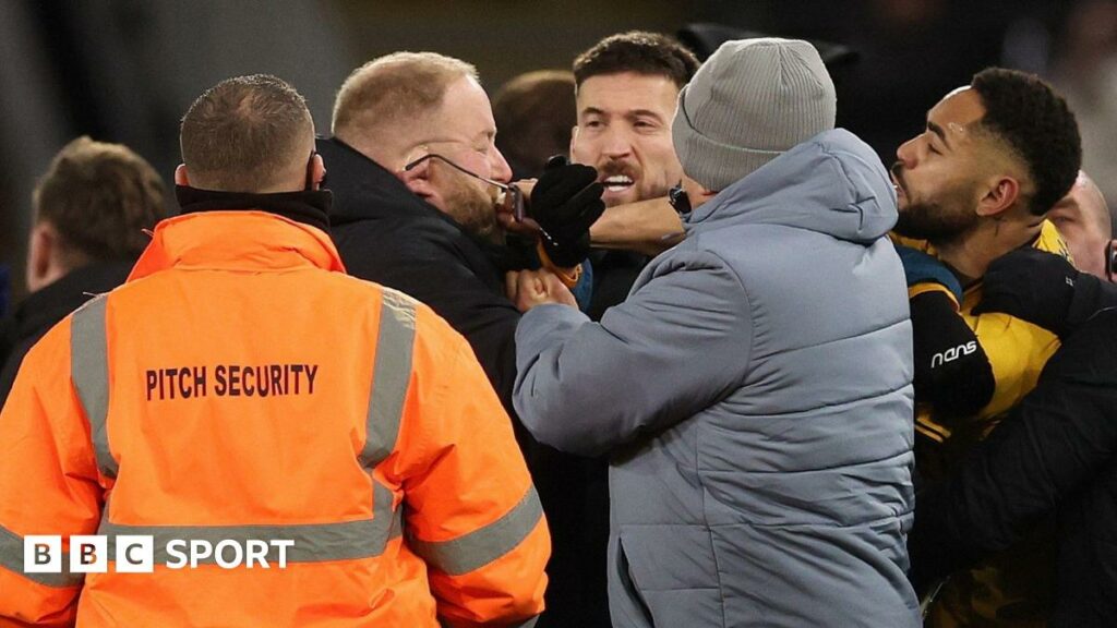 Matheus Cunha fights with a member of Ipswich's security team