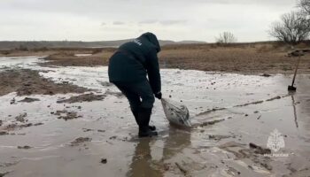 Des sauveteurs interviennent sur une marée noire le long du littoral de la mer Noire, causée par le naufrage de deux pétroliers russes lors d'une tempête dans le détroit de Kertch entre la Crimée et la région de Krasnodar, dans le sud de la Russie, le 15 décembre 2024, image tirée d'un document diffusé par le ministère russe des situations d'urgence le 17 décembre 2024