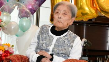 FILE - This photo provided by Ashiya City shows Tomiko Itooka, being celebrated for her 116th birthday at the nursing home she lives in Ashiya, western Japan, on May 23, 2024. (Ashiya City via AP, File)