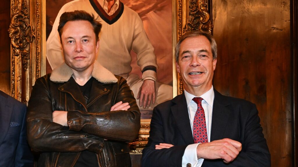 Nigel Farage and Reform UK treasurer Nick Candy with Elon Musk. Pic: PA